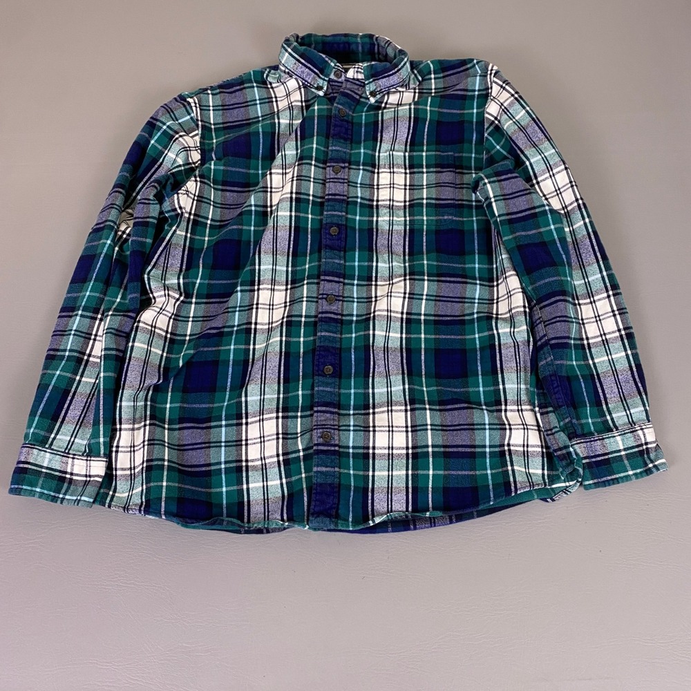 Lands' End Flannel‎ Shirt Men's XL Green Navy Blue Plaid Traditional Fit Cotton